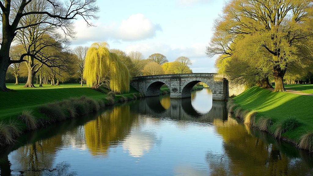 Peaceful water reflections on the Barrow River with historic stone bridges visible in the distance