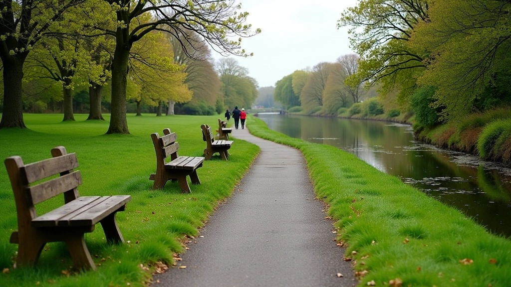 Mid-section of Royal Canal with benches, green banks, and walkers enjoying the peaceful towpath