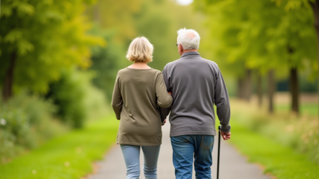 Senior couple walking together on the Grand Canal towpath in good weather