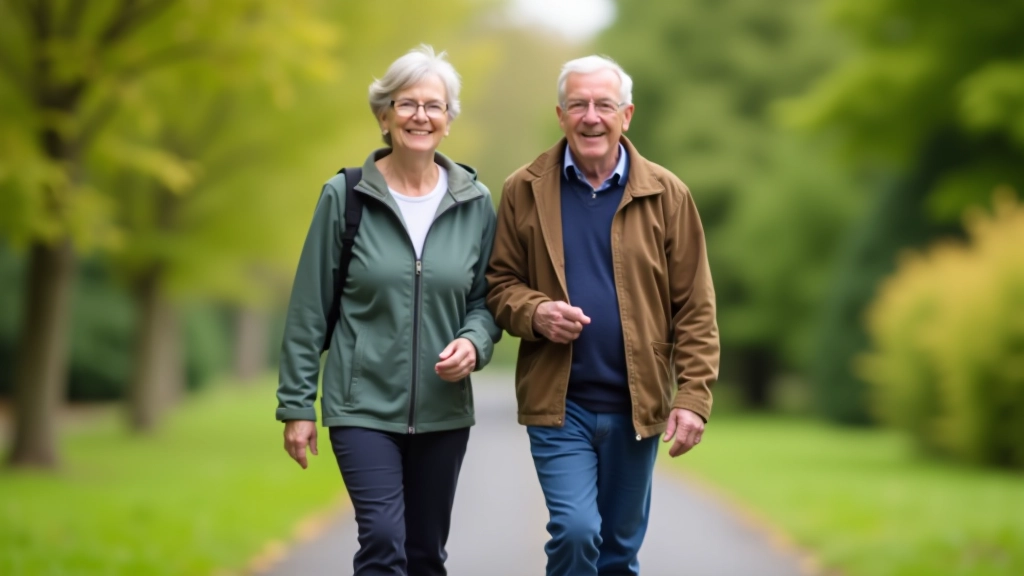 Senior couple walking together on Royal Canal Greenway path, smiling, casual outdoor clothing, sunny day