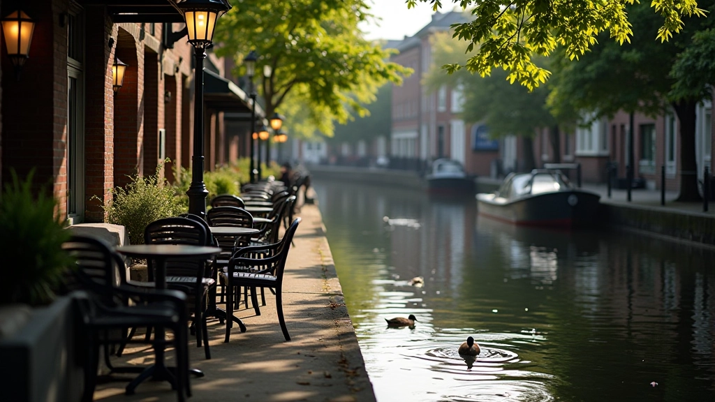 Ashtown section of Royal Canal with restored waterfront buildings and cafe seating overlooking the canal