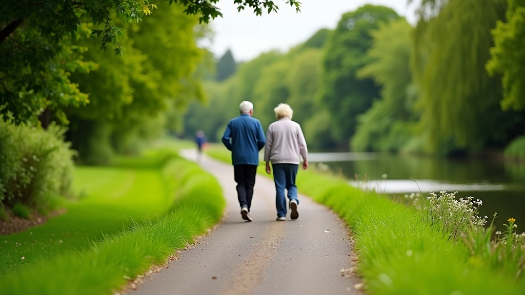 Seniors enjoying a peaceful walk along an Irish canal towpath with beautiful scenery and calm waters