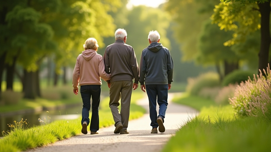 Senior walkers enjoying a peaceful canal towpath in Ireland on a sunny afternoon, group of people walking together on flat terrain with trees and water visible