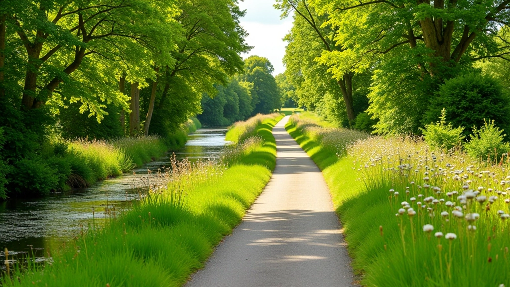 Well-maintained towpath with wildflowers and native trees creating a natural corridor alongside the water